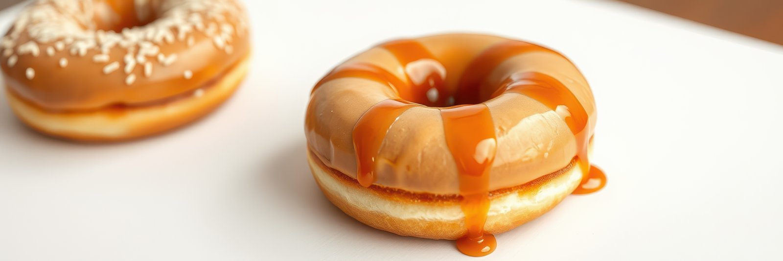 Delicious caramel glazed donut and a sesame topped donut on a white plate at a bakery